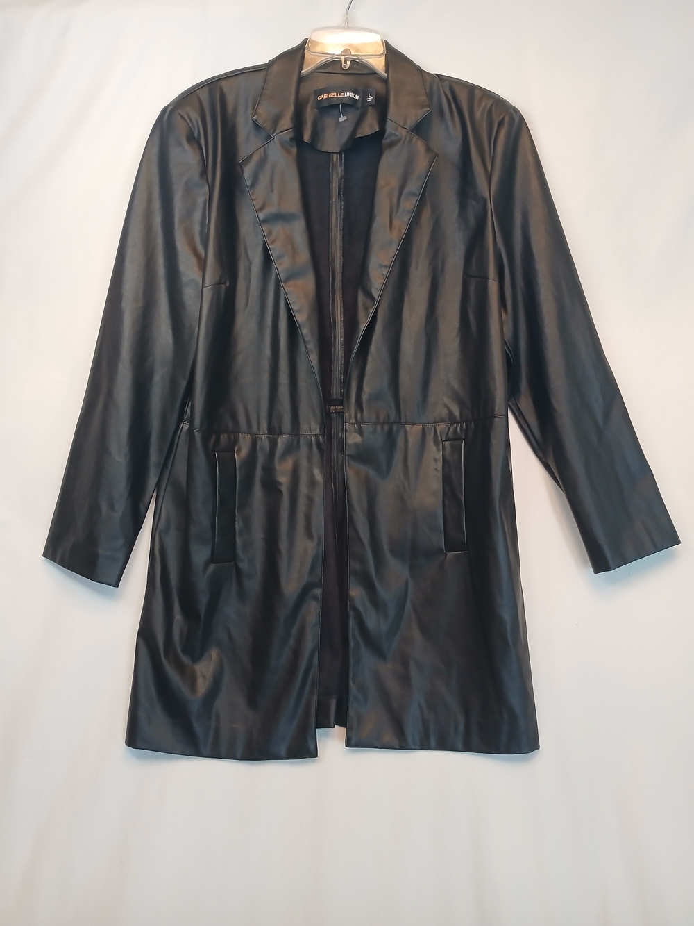 Black Faux Leather Longline Open Front Blazer Jacket L NWOT
